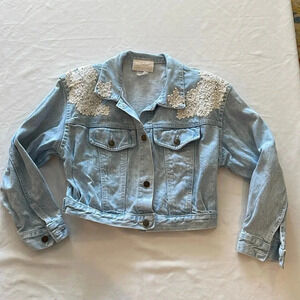Tarra Vintage 80s Denim Lace pearl‎ embellished Jean Jacket small Cropped EUC
